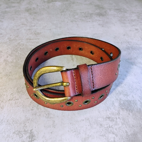 Fossil Vintage Style Studded Leather Belt Tan Brown Grommets Brass Buckle Large - Picture 1 of 9
